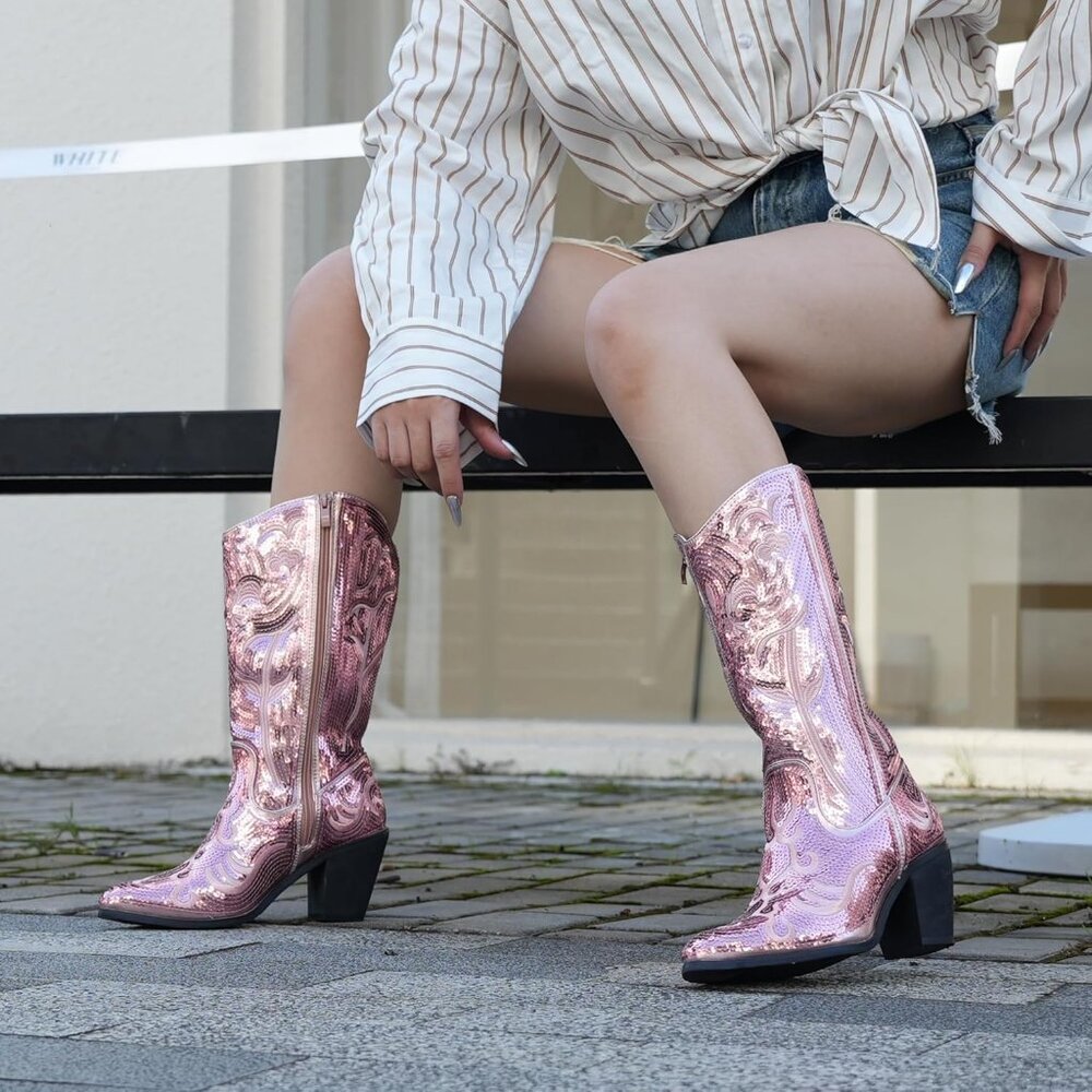 Women's Sequin Light Pink Fashion Western Zipper Pointed Toe Embroidered Boots - Picture 4 of 6